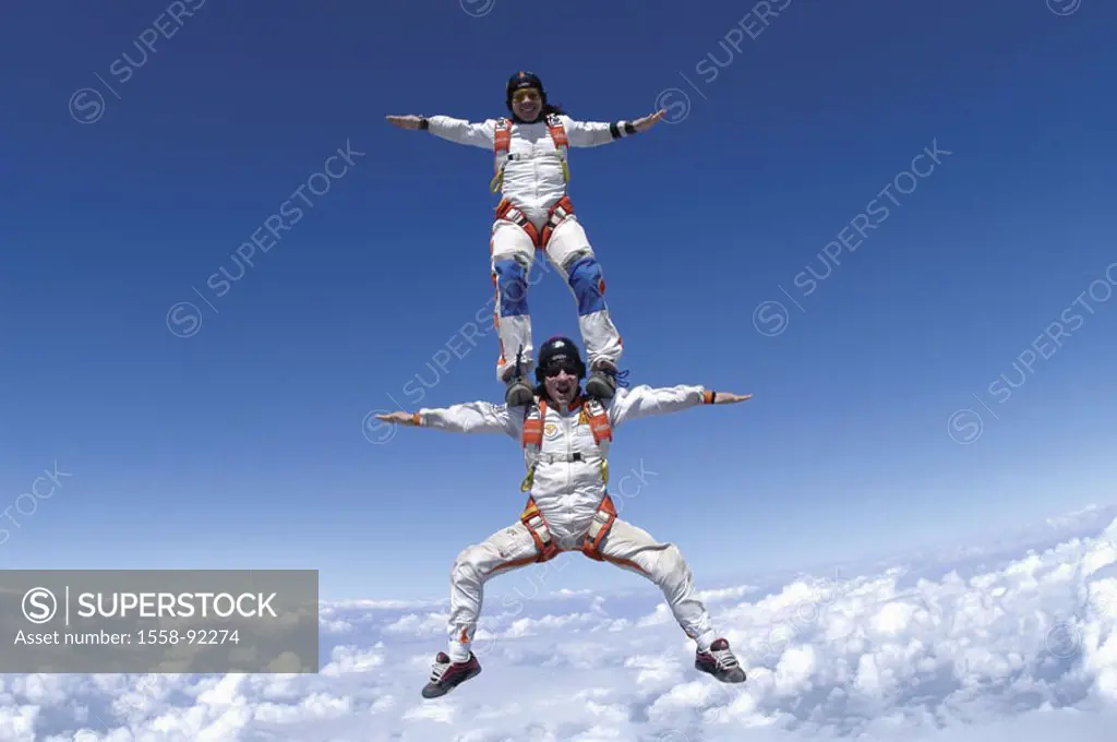 Skydiver, suitors case, acrobatics,,  one on the other,   Men, Fred Fugen, Vincent Reffet, parachutists, athletes, extreme athletes, sport, extreme sp...