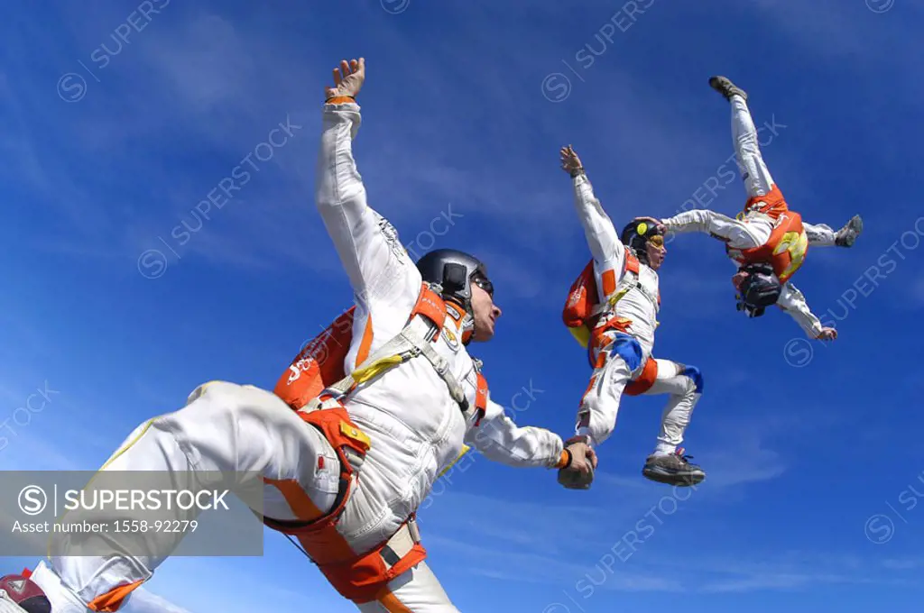Skydiver, suitors case, formation,,  Touch, from below,   Parachutists, men, Fred Fugen, Stephane Fardel, Vincent Reffet, athletes, extreme athletes, ...