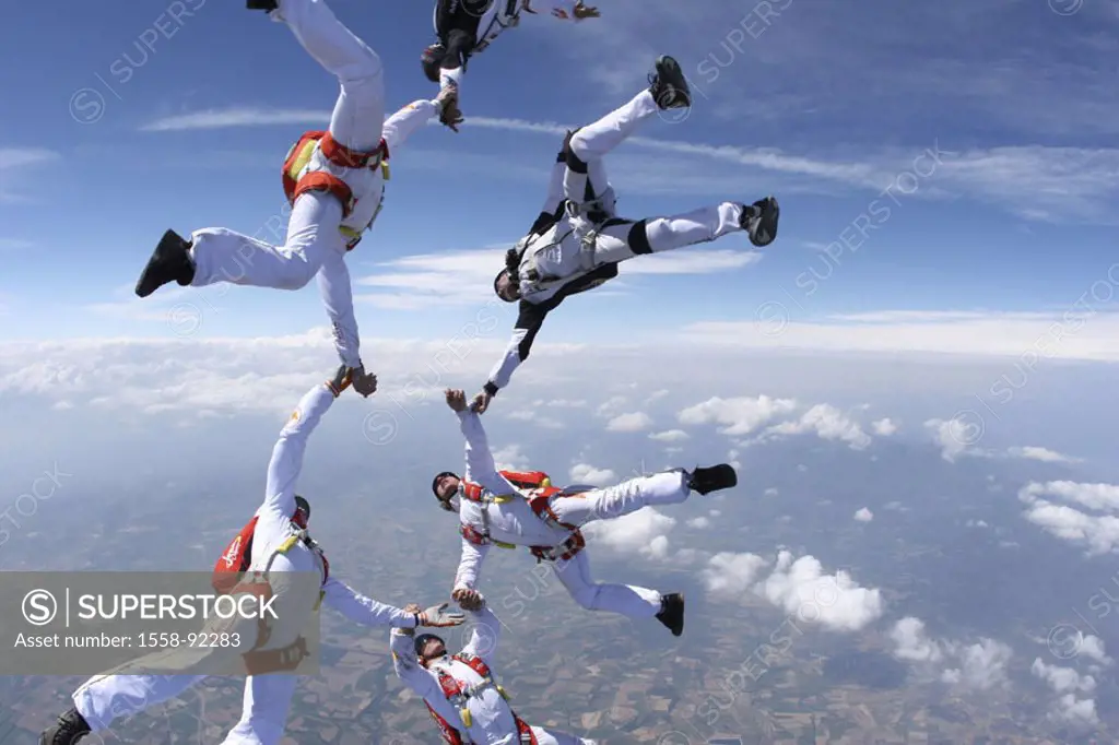 Skydiver, suitors case formation headlong,  Hands hold,   Parachutists, 6 people, athletes, extreme athletes, sport, extreme sport, parachute jump, pa...