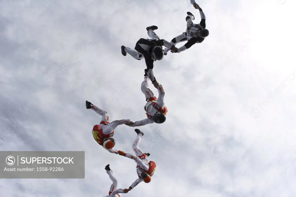 Skydiver, suitors case formation headlong,  Hands hold, from below,   Parachutists, 8 people, athletes, extreme athletes, sport, extreme sport, parach...