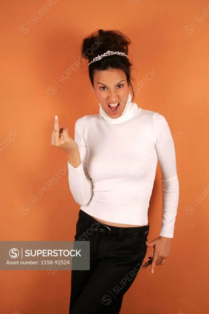 Woman, young, high plug-in hairdo, diadem,  Gesture, ´middle fingers, detail, show´,   Series, 20-30 years, turtlenecks white, gaze camera facial expr...