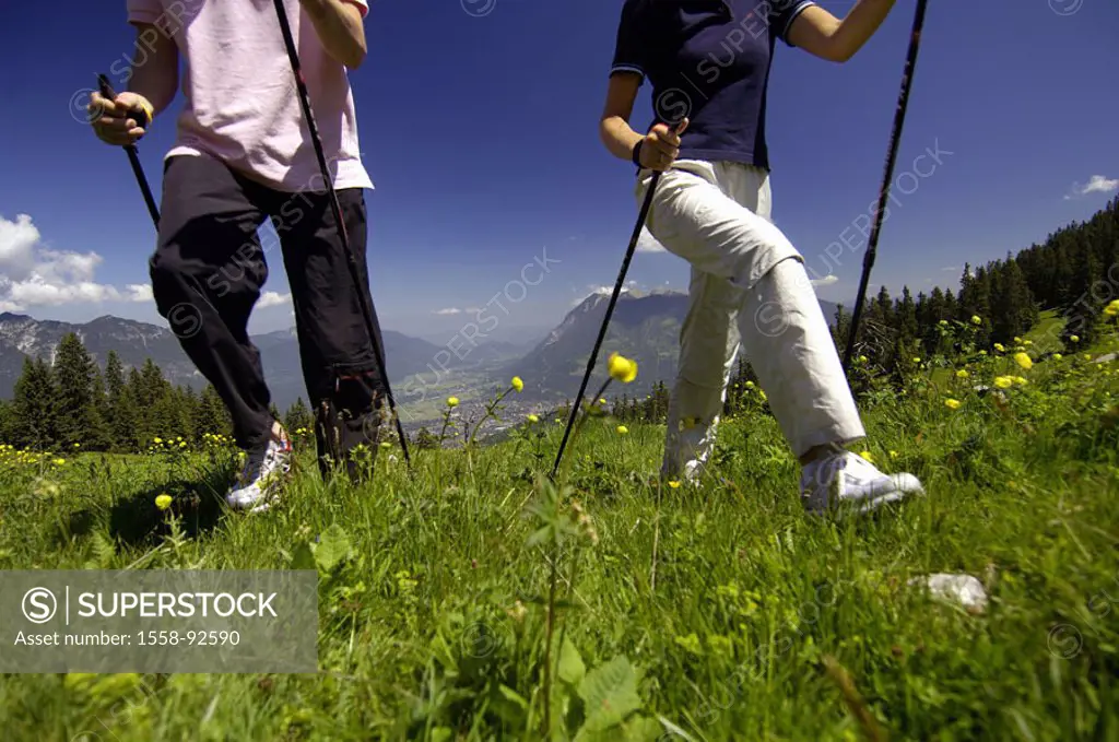Mountain meadow, couple, Nordic Walking,  Movement, truncated,   Series, highland, meadow, athletes, sport, run sport, activity, fitness, endurance, c...