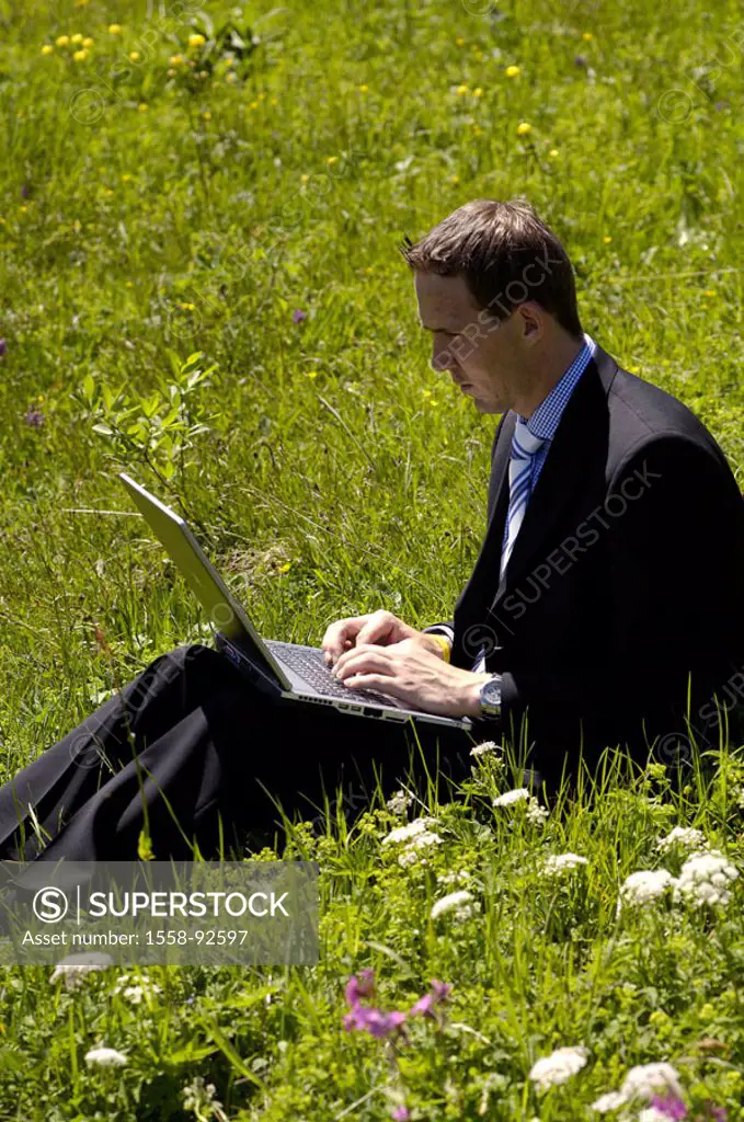 sitting business man, meadow, laptop, Data input, on the side,   Mountain meadow, man, 30-40 years, computers wearable, data processing, internet, Int...