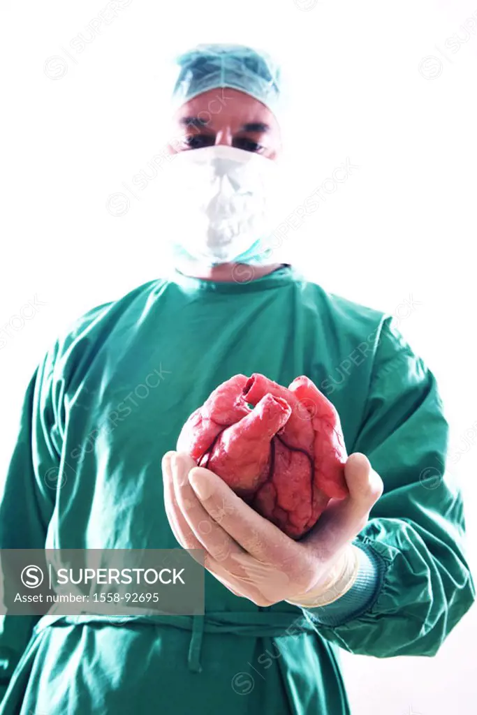 Surgeon, heart, Halbporträt, holding,    Series, man, doctor, occupation, fixed occupation, doctors, heart surgeon, specialist, OP-Kleidung, mask, OP,...