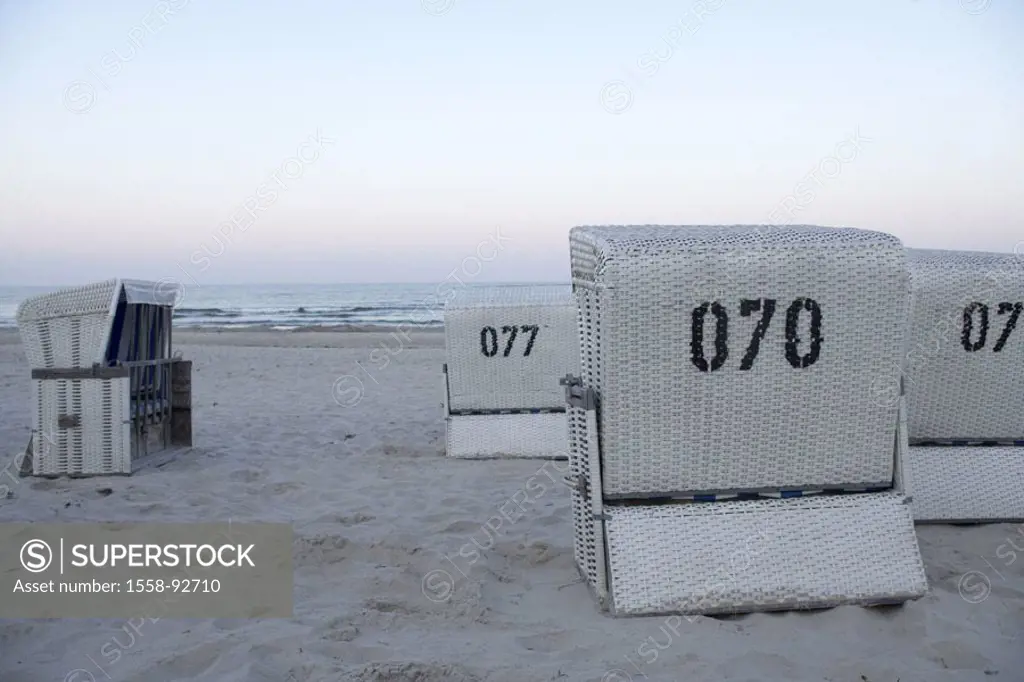Sea, sandy beach, wicker beach chairs,  number, rear view,   Series, beach, beach, sand, seat, symbol, relaxation, recuperation, relaxen, resting, aba...