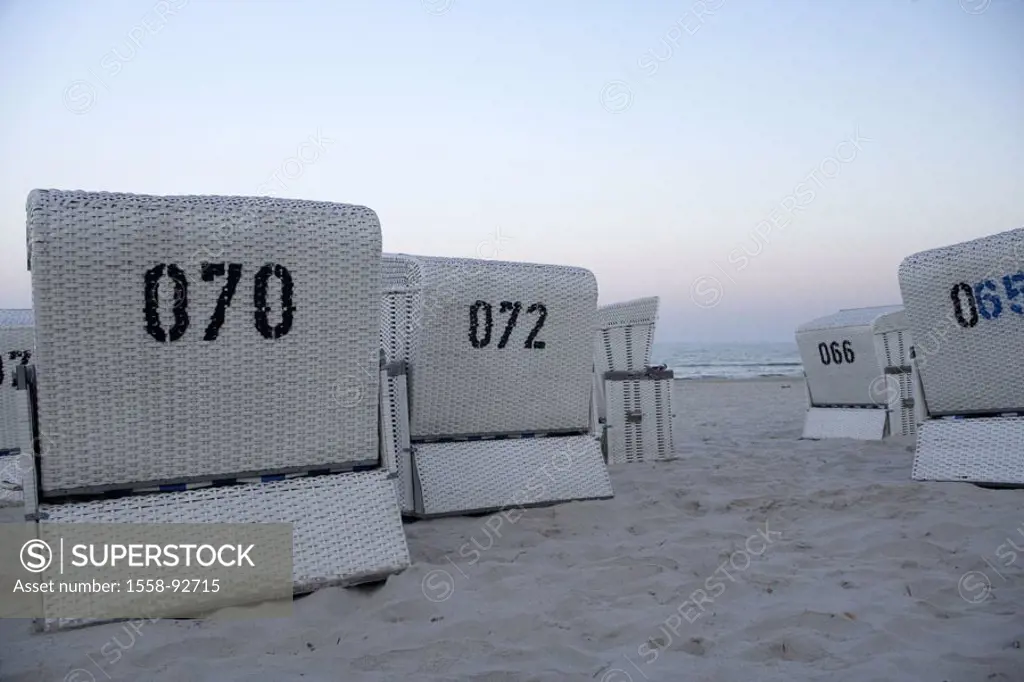 Sea, sandy beach, wicker beach chairs,  number, rear view,   Series, beach, beach, sand, seats, symbol, relaxation, recuperation, relaxen, rests, leav...