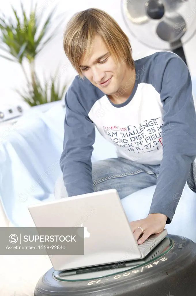 Teenager, smiling, laptop,  Data input,  no property release,  Series, youth, teenagers, man, young, 17-19 years, leisure time, Lifestyle, computers, ...