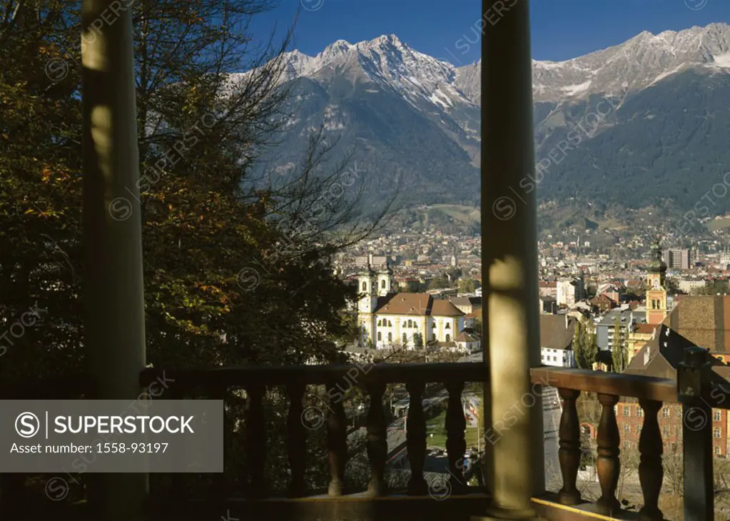 Austria, Tyrol, Inntal, Innsbruck,  view at the city,   Europe, city, city, church, background, mountains, mountains, Alps, summits, trees, season, au...