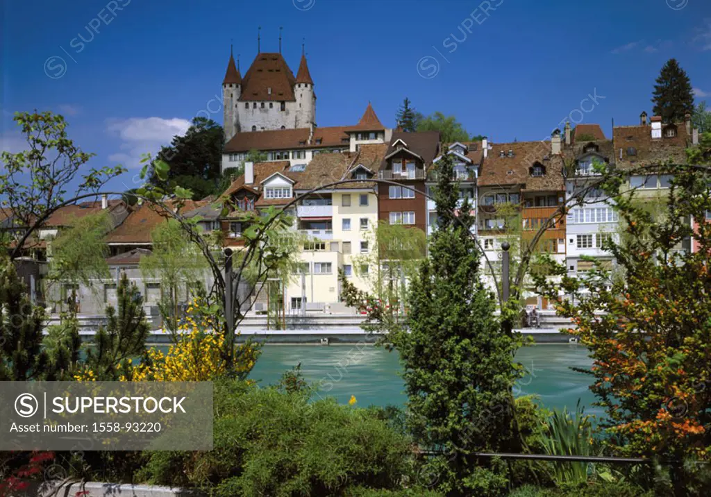 Switzerland, Bernese Oberland, Thun,  at the Aare, skyline, palace,   Europe, destination, place, sight, palace buildings, construction, architecture,...