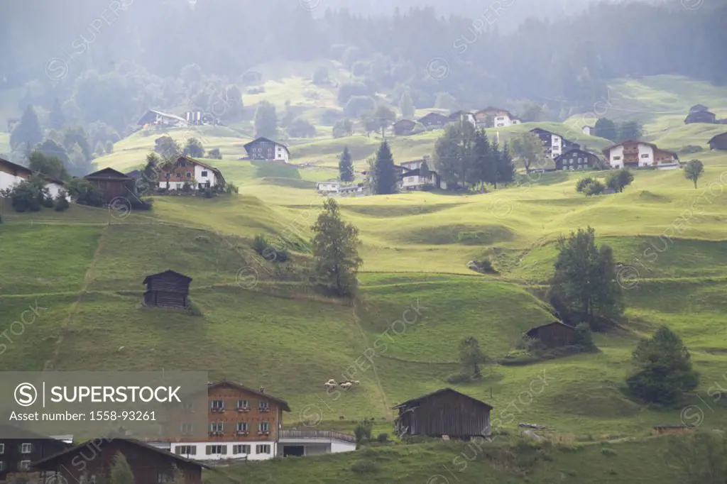 Austria, Vorarlberg, Montafon,  Gaschurn, farmhouses,  Hill landscape,  Europe, Alps, central Alps, air health resort, winter sports resort, village, ...