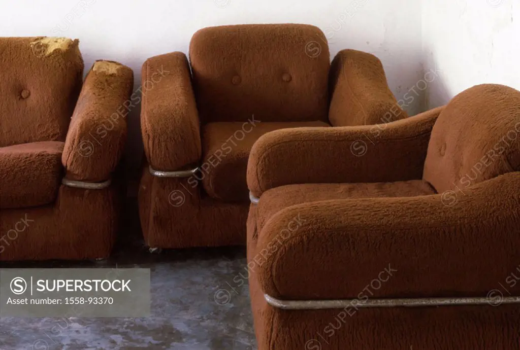 Living space, seat set, chairs, brown, old, broken,   Furniture, seat furniture, furniture, material chairs, unkempt, uses descended, tacky, out, unfa...
