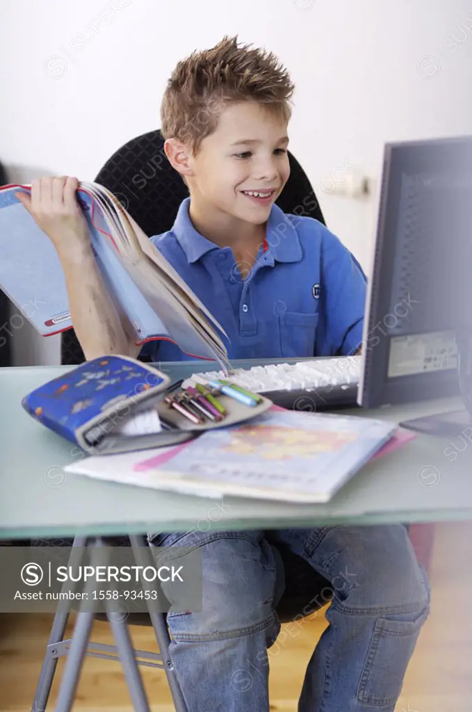 boy, desk, homeworks, Laptop, data input, smiling,   Series, 6-10 years, child, students, schoolchild, computers wearable, homework, learning, formati...