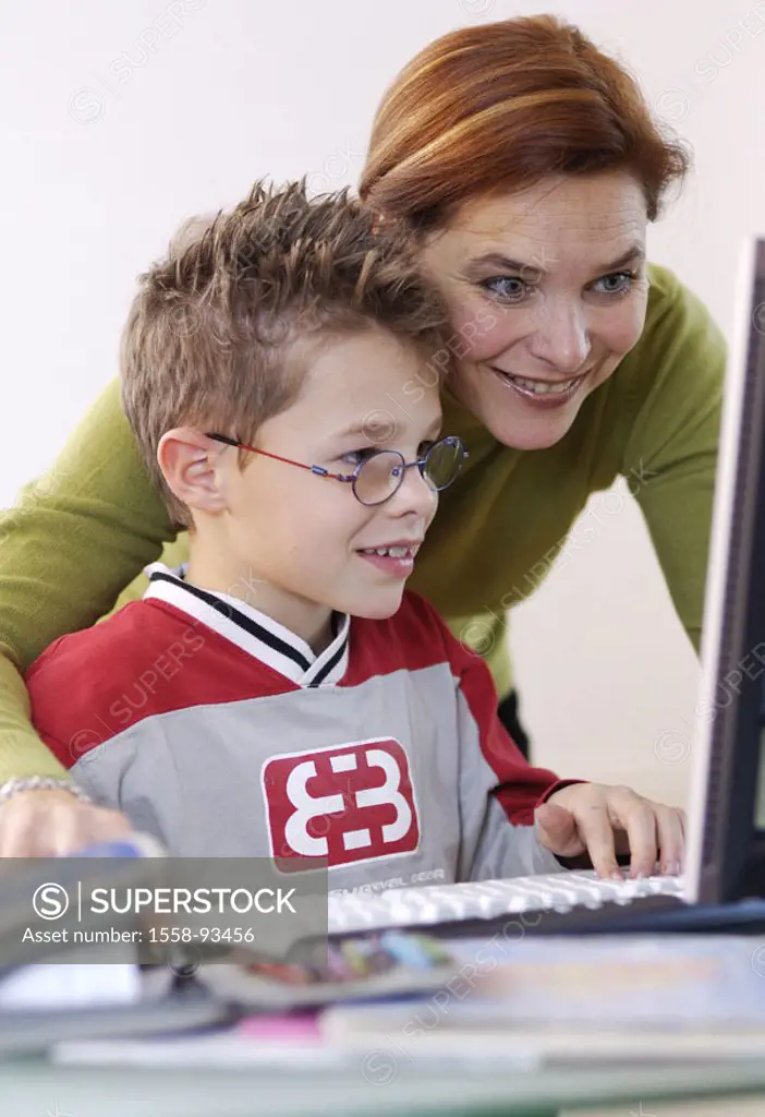 Mother, boy, laptop, data input,  School records, laughing, cheerfully, detail,   Series, woman, child, students, schoolchild, 6-10 years, computers w...