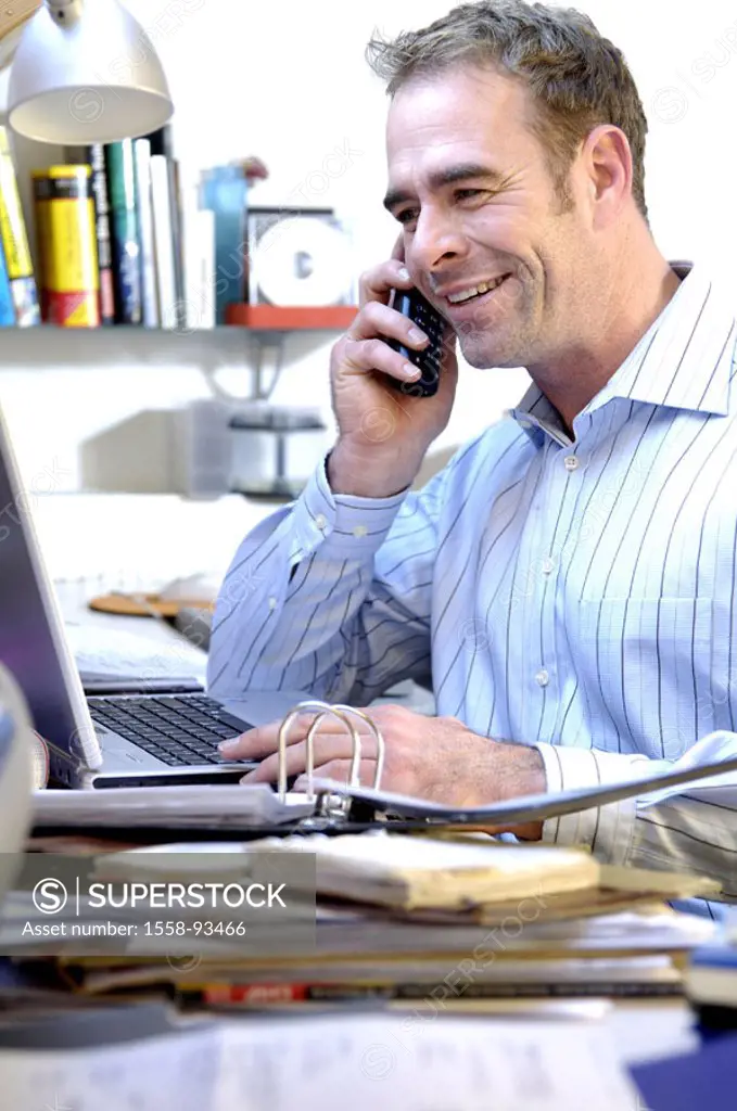 Office worker, acts, laptop, telephones, smiling, detail,   Series, 40-50 years, man, employee, businessman, entrepreneurs, desk, computers, records, ...
