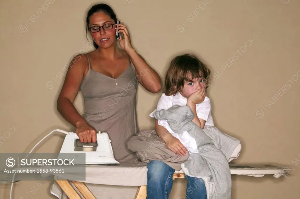 Woman, clips, cell phone, telephones, child,  Ironing board, sitting, garments, holding,  Series, 20-30 years, 30-40 years, housewife, mother, single,...