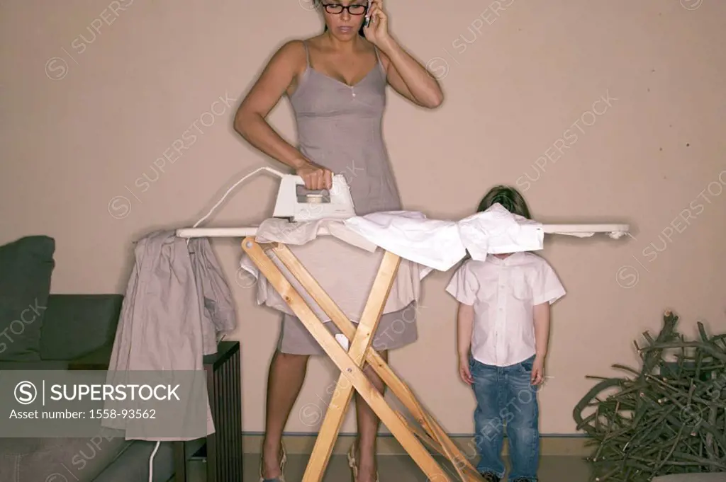 Woman, clips, cell phone, telephones, child,  Ironing board, stands, hides,  broached,  Series, 20-30 years, 30-40 years, housewife, mother, single, s...