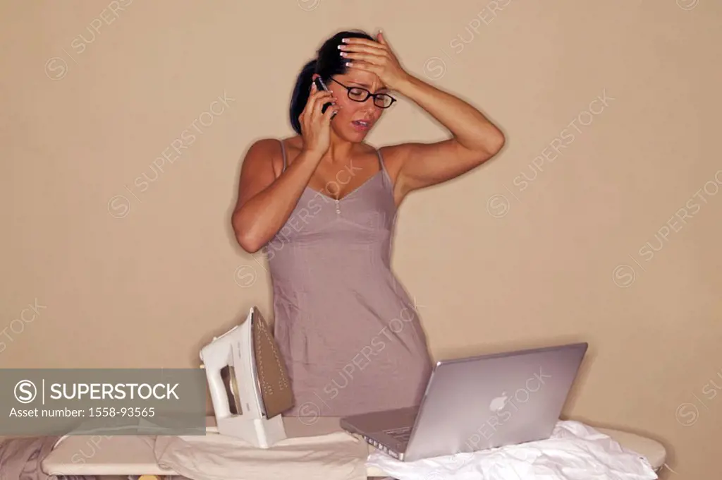 Woman, clips, cell phone, telephones,  Ironing board, laptop, gesture, stress,   Series, 20-30 years, 30-40 years, housewife, single, housework, ironi...