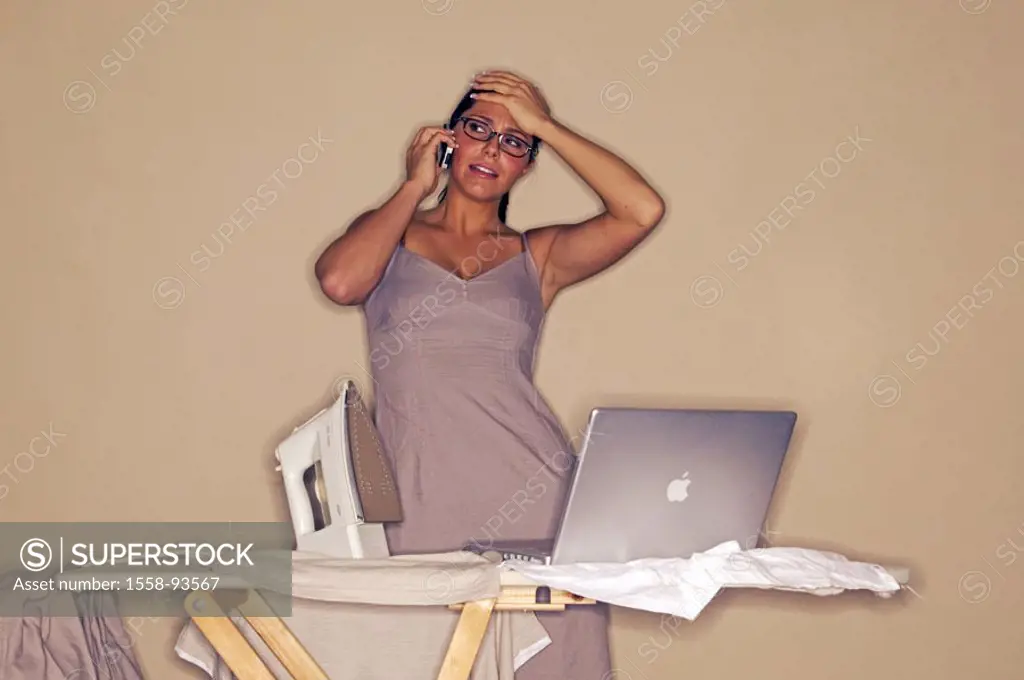 Woman, clips, cell phone, telephones,  Ironing board, laptop, gesture, stress,   Series, 20-30 years, 30-40 years, housewife, single, housework, ironi...