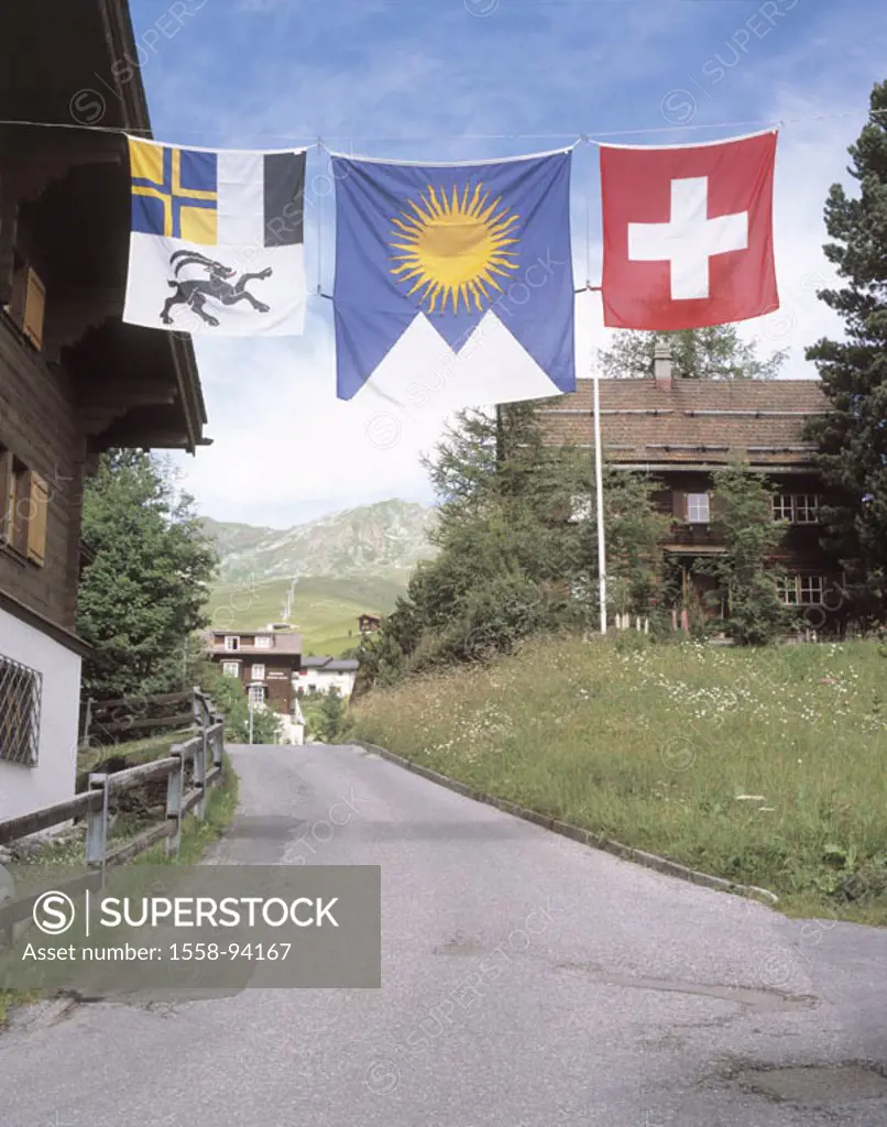 Switzerland, gray associations, Arosa,  Street, flags, gray associations, Arosa, Switzerland,  Swiss Alps, mountains, mountain village, Innerarosa, ho...