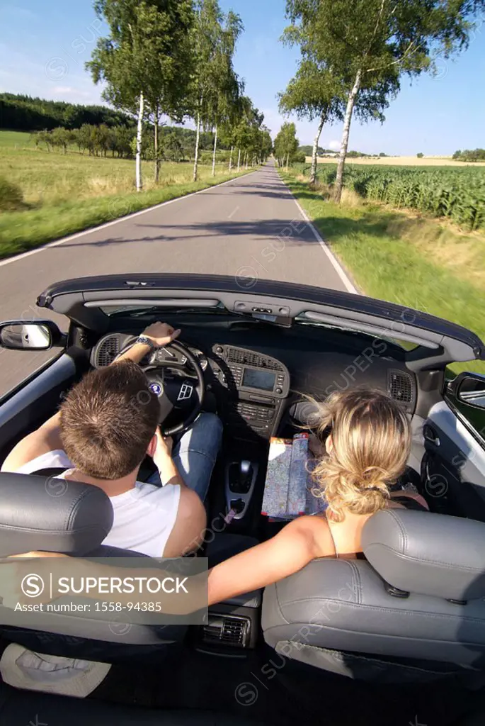 couple, young, Autofahren, Cabriolet, country road,