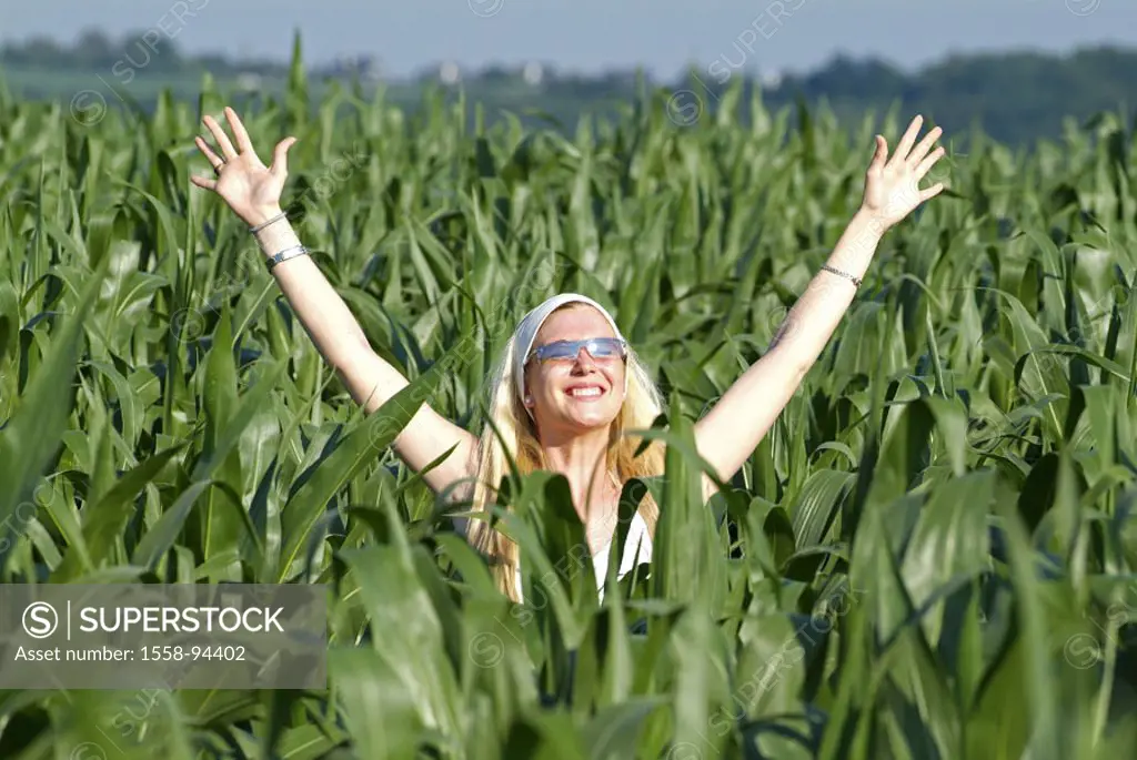 Cornfield, woman, young, blond, cheerfully, gesture, freedom feeling,