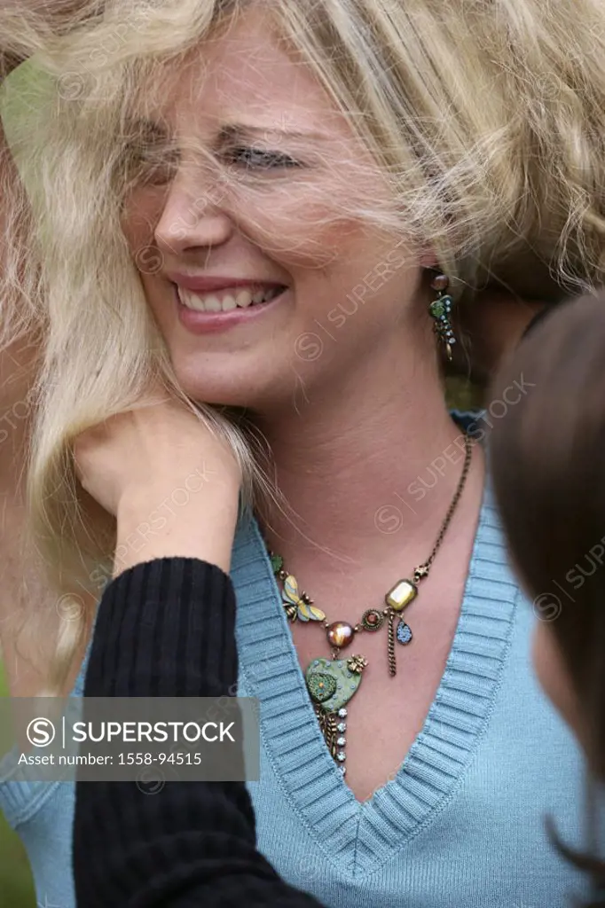 Women, two, young, cheerfully, laughing, outside, portrait, detail,