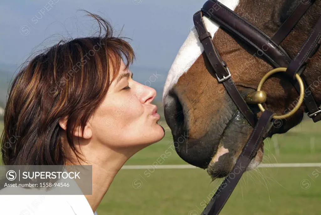 Woman, horse, kiss, portrait, on the side,