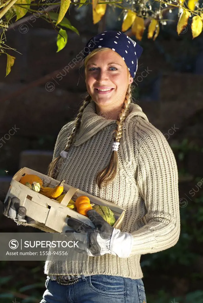 Woman, gardening, basket, winter squashes, autumn,