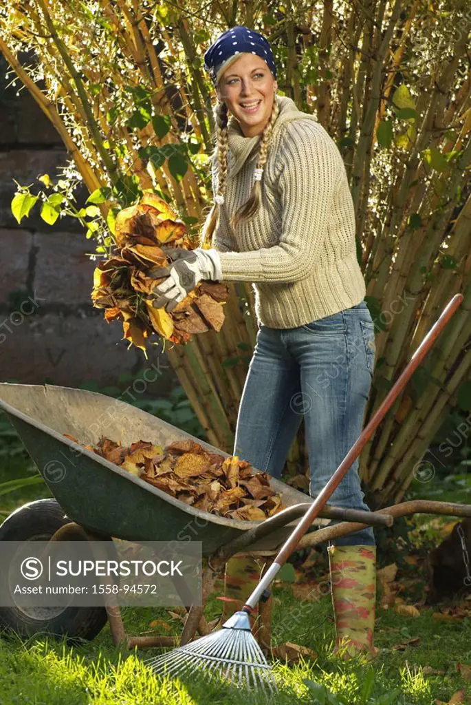 Woman, gardening, deciduous rakes, fall foliage, wheelbarrow,