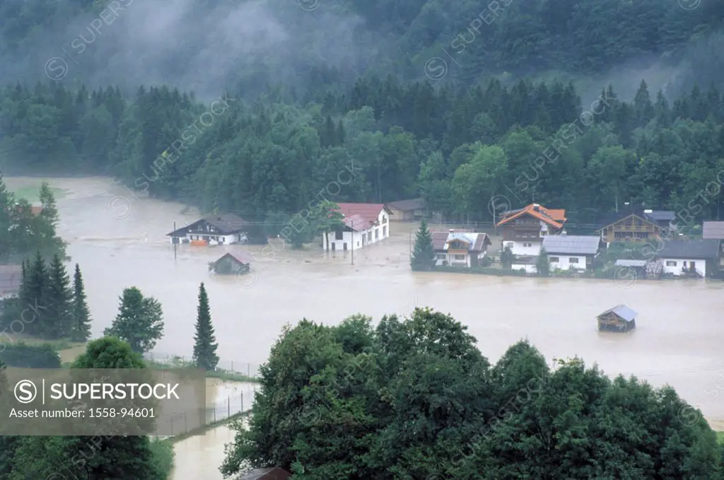 Germany, Bavaria, Allgaeu,  Colonel village depth brook, river Iller,  High waters, skyline, houses, floods,  Europe, Überflutung, flood, accident, fl...