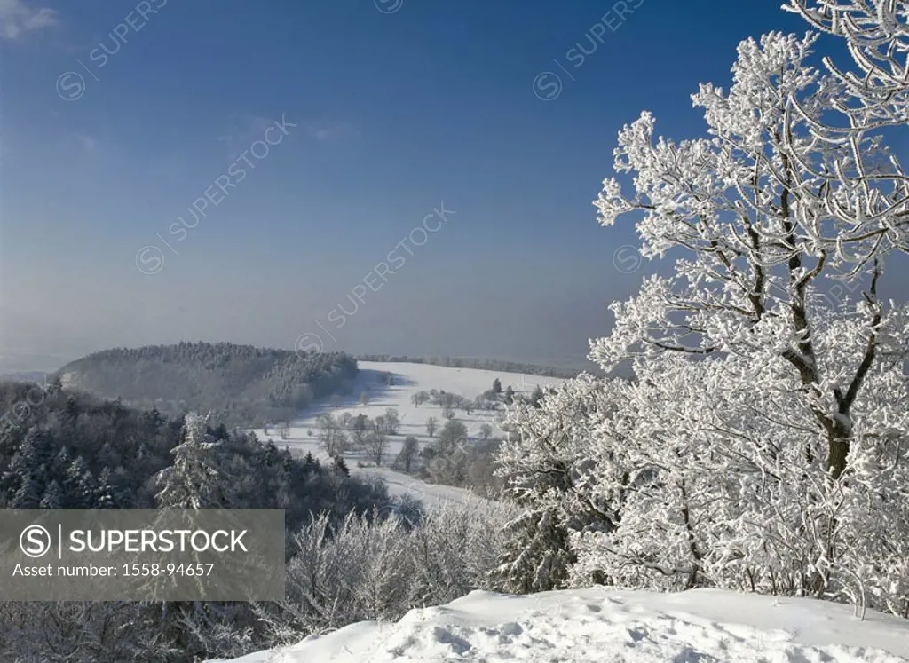 Germany, Swabian Alb,  Genkingen, Winterlandschaft,   Baden-Württemberg, steed mountain, gaze, hill landscape, season, wintry, cold, snow, nature, hoa...