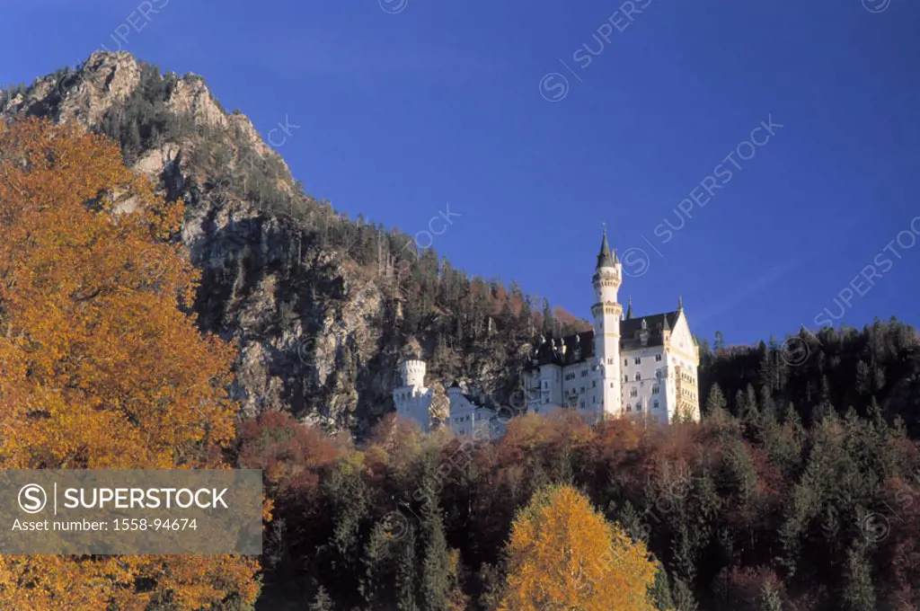 Germany, Bavaria, Allgaeu,  Palace Neuschwanstein, autumn,   King palace, fairy-tale palace, built 1868-1886, King Ludwig II., Construction, architect...