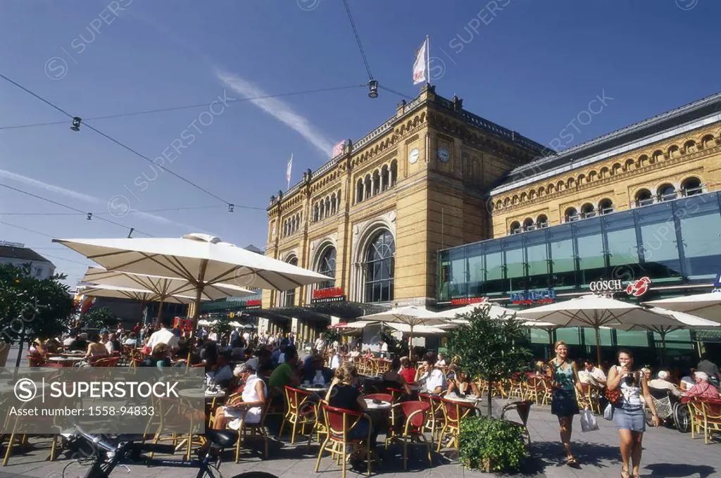 Germany, Lower Saxony, Hanover,  Main train station, street cafe, guests,   Europe, city, sight, construction, buildings, architecture, railway statio...