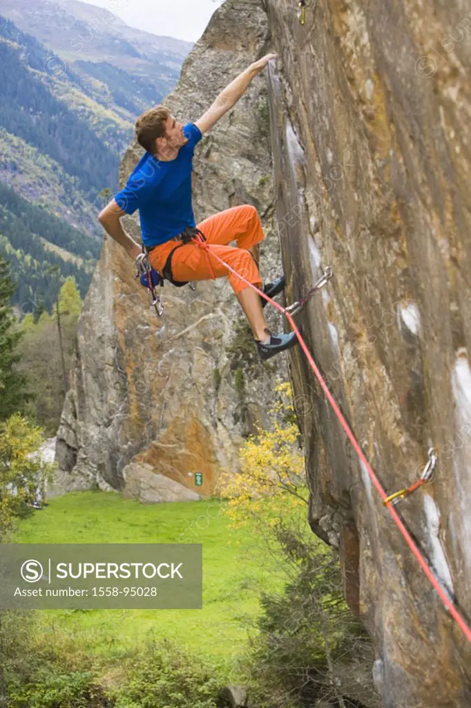 Rock wall, man, young, climbs,    Series, rocks, climbers, 20 years, bur out armament, rock, steep wall, vertically, roped, secured, rope, mountain ro...