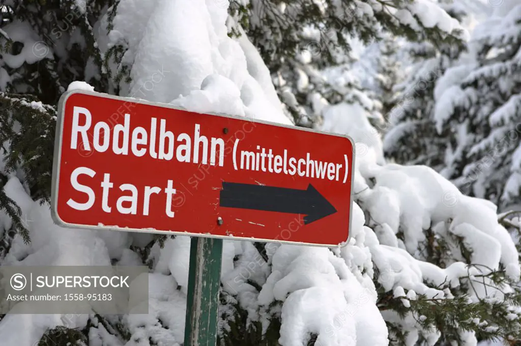 Sign, toboggan, start,  middle-heavy,   Series, sign, hint, information, red, signal color, arrow, forest, direction-expels trees, snow snow-covered s...