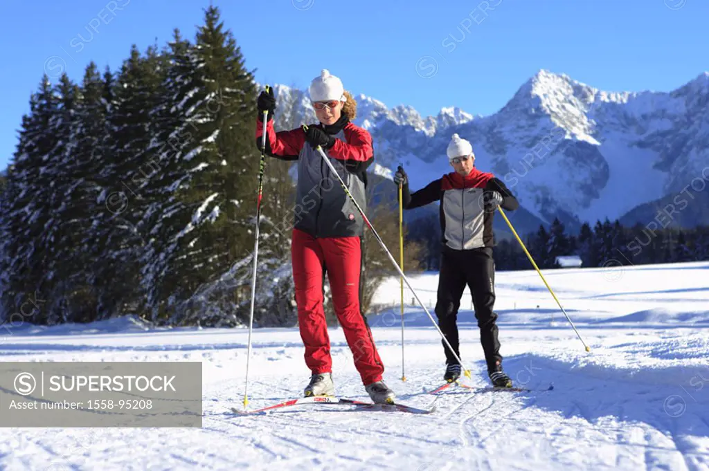 Loipe, couple, cross-country ski,    Series, northern, skiing, ski, cross-country skier, ski poles, Langlaufloipe, Skating, skaten, long-running, free...