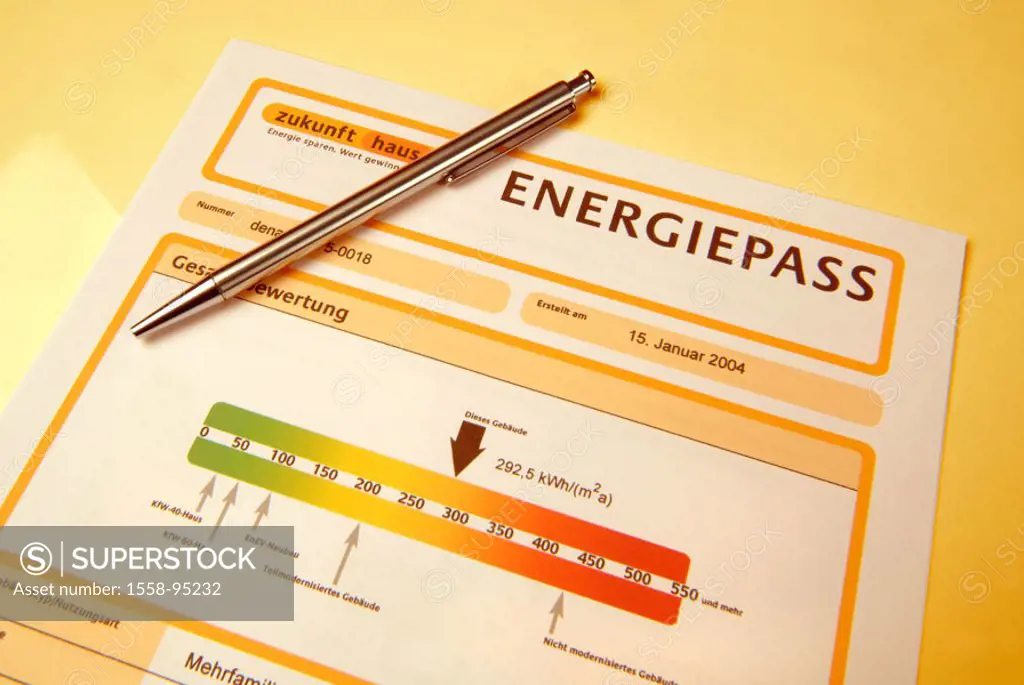 Energy passport, ballpoint pens, detail,   Application only with copyright  ´German energy agency (dena))´ Form, records, symbol, house construction, ...