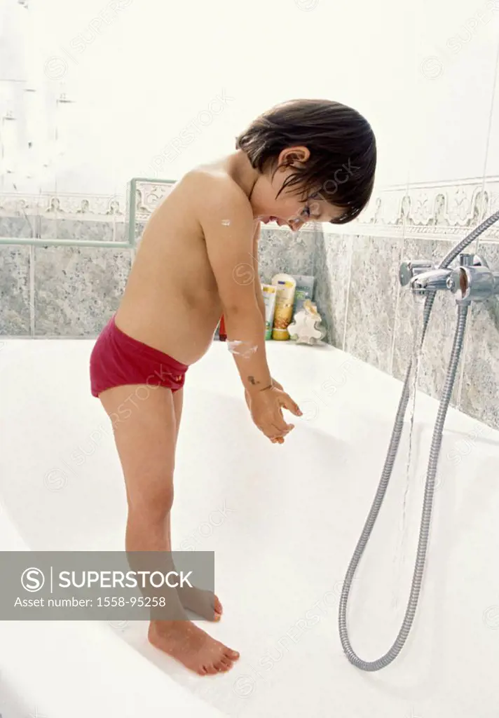 Girls, underpants, bathtub,  stand, poor, cleans, water,   Child, toddler, 4-6 years, dark-haired, nakedfoot, hygiene, personal hygiene, care, tidines...