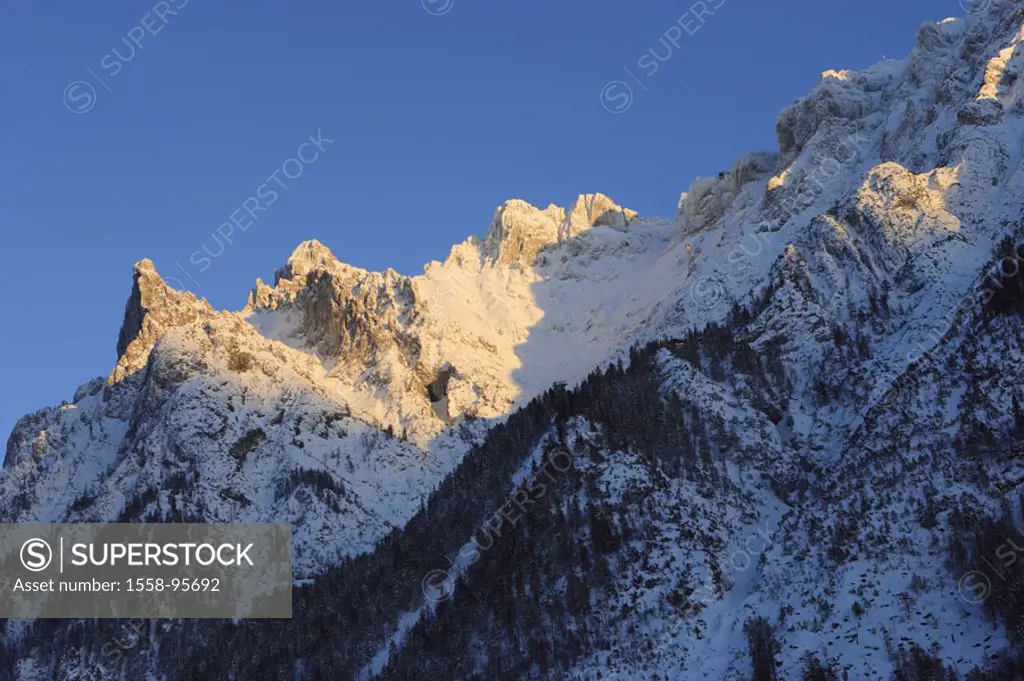 highland, winters, evening sun,    Germany, Bavaria, Alps, Karwendel, mountains, mountains, snow, snow-covered, forest, mountain forest, sunlight, eve...