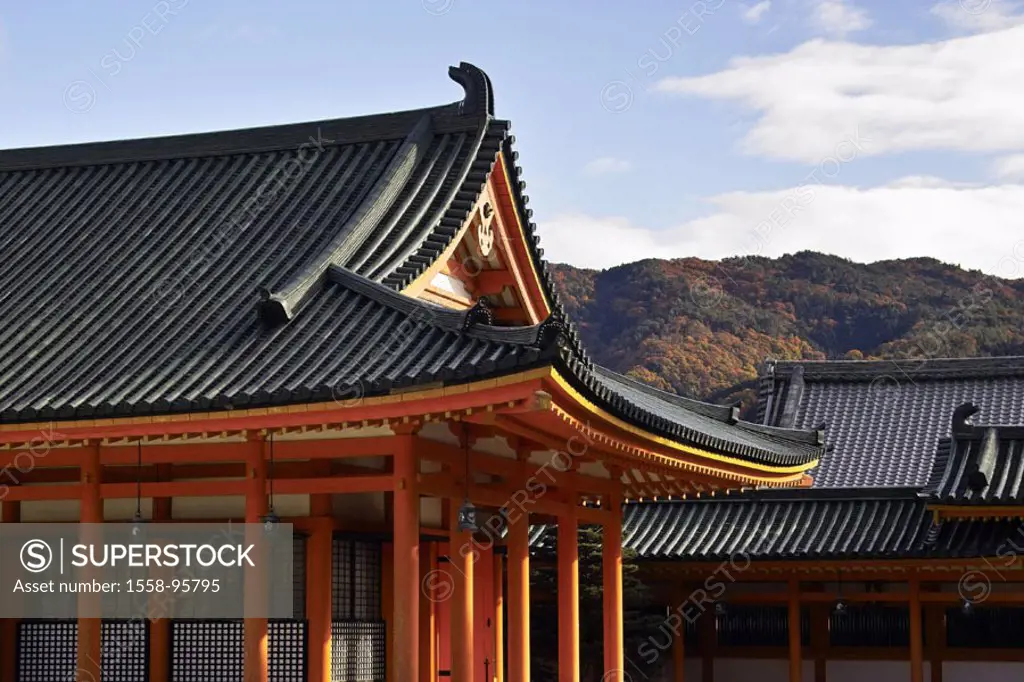 Japan, Kyoto, Heian-jingu shrine,  Detail, background, mountains,   Series, Asia, Eastern Asia, sight, culture, cult place, wood construction, archite...
