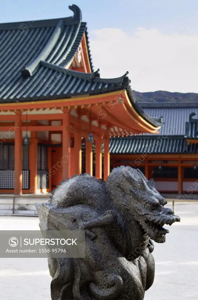 Japan, Kyoto, Heian-jingu shrine,  Stone figure, dragon, detail,   Series, Asia, Eastern Asia, sight, culture, cult place, wood construction, architec...