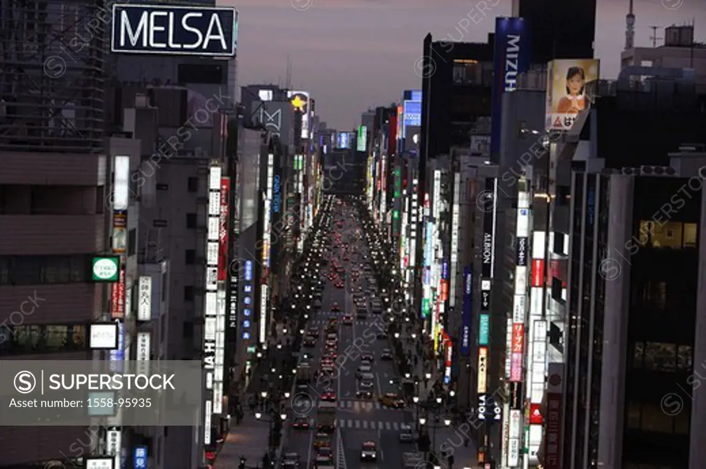 Japan, Tokyo, Ginza, Central avenue,  Advertisement signs, traffic, lights,  Evening,  Asia, Eastern Asia, island Honshu, capital, city, district, Gin...