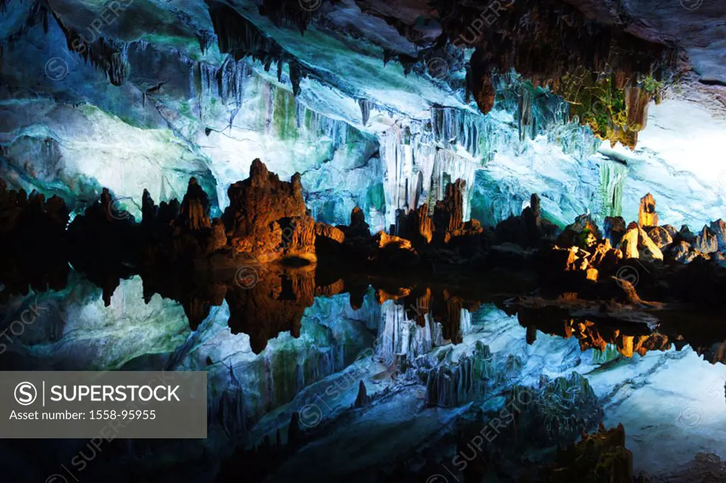 China, Guangxi Zhuang, Guilin,  Reed flute cave, reflection,  Water surface,  Series, Asia, Eastern Asia, South China, destination, sight, cave, cave,...
