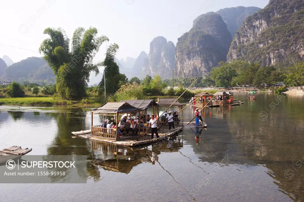 China, Guangxi Zhuang, Li River,  Landing place, float,   Asia, Eastern Asia, close to Yangshuo, destination, mountains, mountains, summits, river lan...