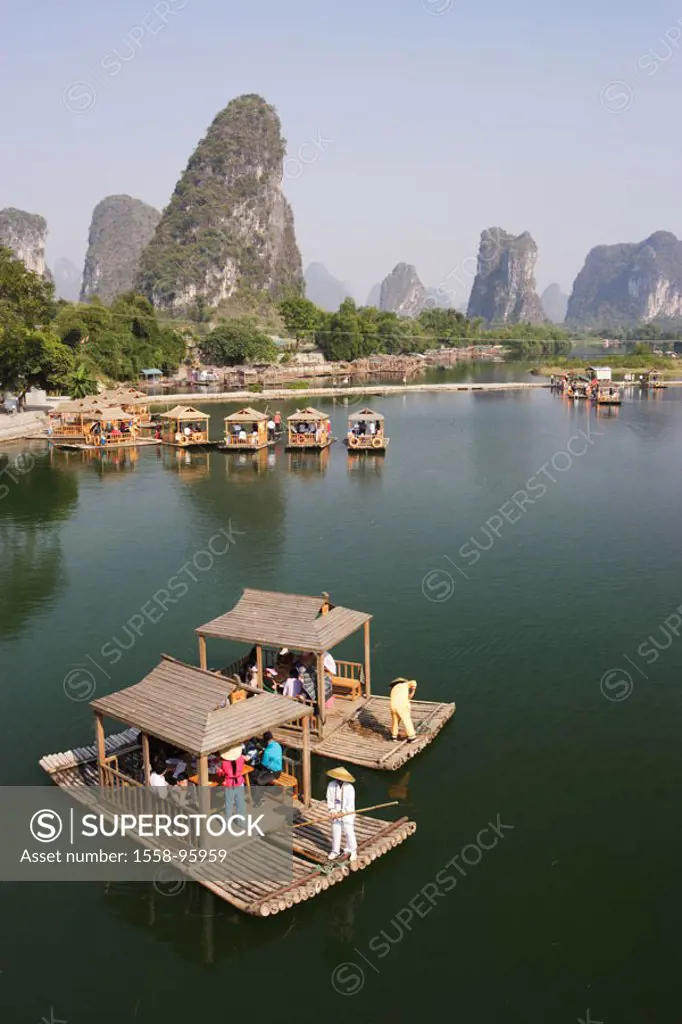 China, Guangxi Zhuang, Li River,  Landing places, float,   Asia, Eastern Asia, close to Yangshuo, mountains, mountains, summits, river landscape, wate...