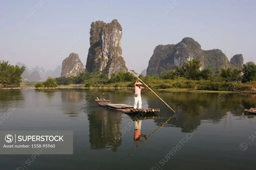 China, Guangxi Zhuang, Li River, Raft, Asian, pole, locomotion,  Asia, Eastern Asia, close to Yangshuo, mountains, mountains, summits, river landscape...