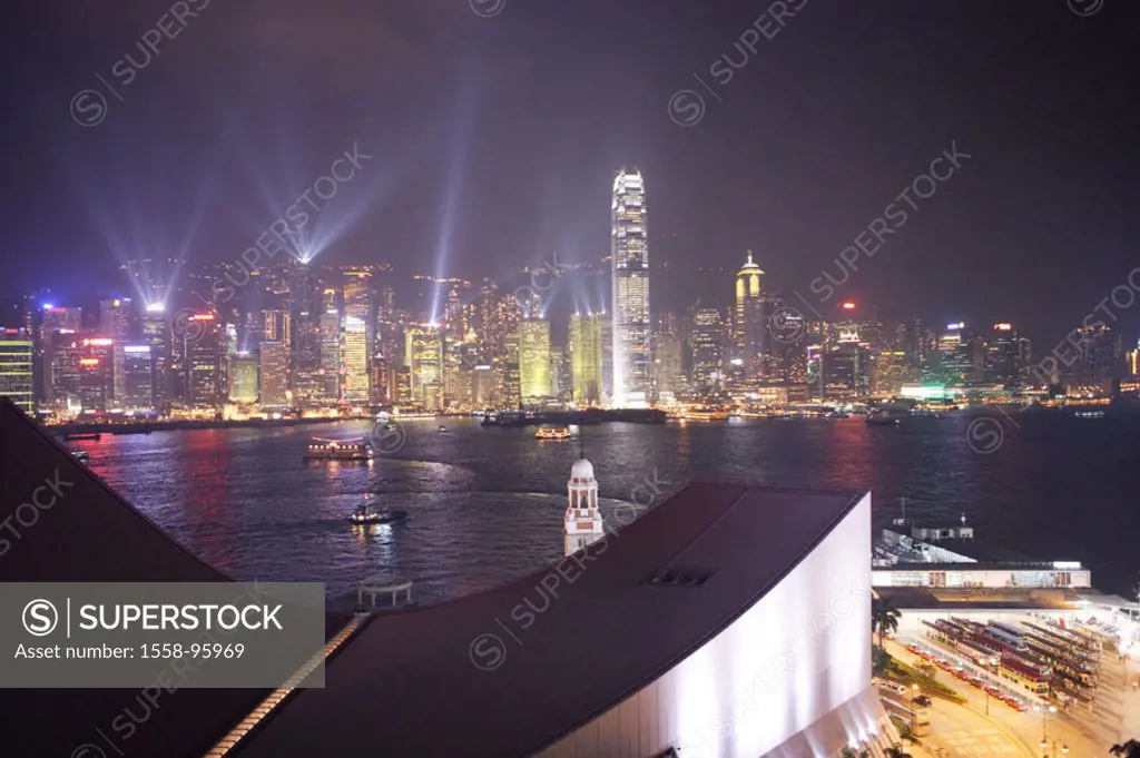 China, Hong Kong, Central District,  view at the city, illumination, laser show,  Evening,  Asia, Eastern Asia, Hong Kong, city, city of millions, bui...