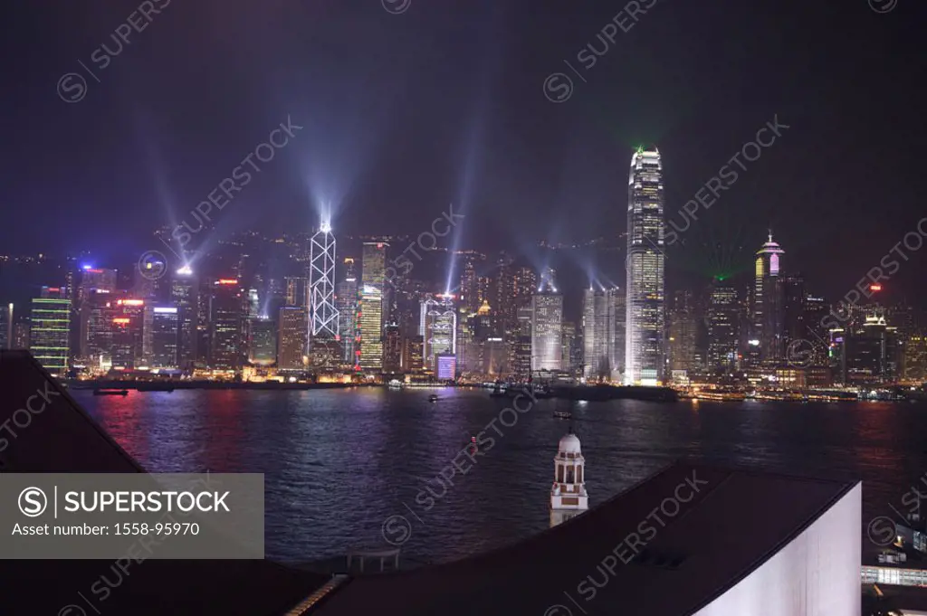 China, Hong Kong, Central District,  view at the city, illumination, laser show,  Evening,  Asia, Eastern Asia, Hong Kong, city, city of millions, bui...