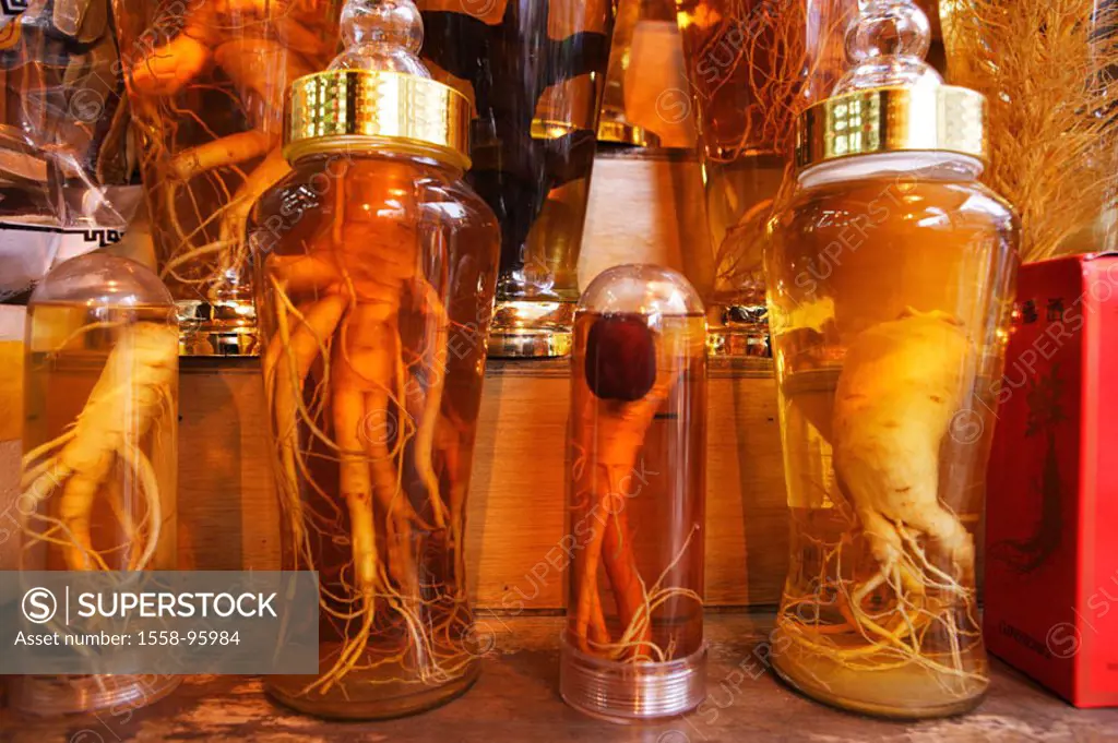 Korea, Seoul, glass bottles,  Panax quinquefolium roots,   Asia, Eastern Asia, bottles, glasses, liquid, put in, ginseng, roots, Panax ginseng, devil´...