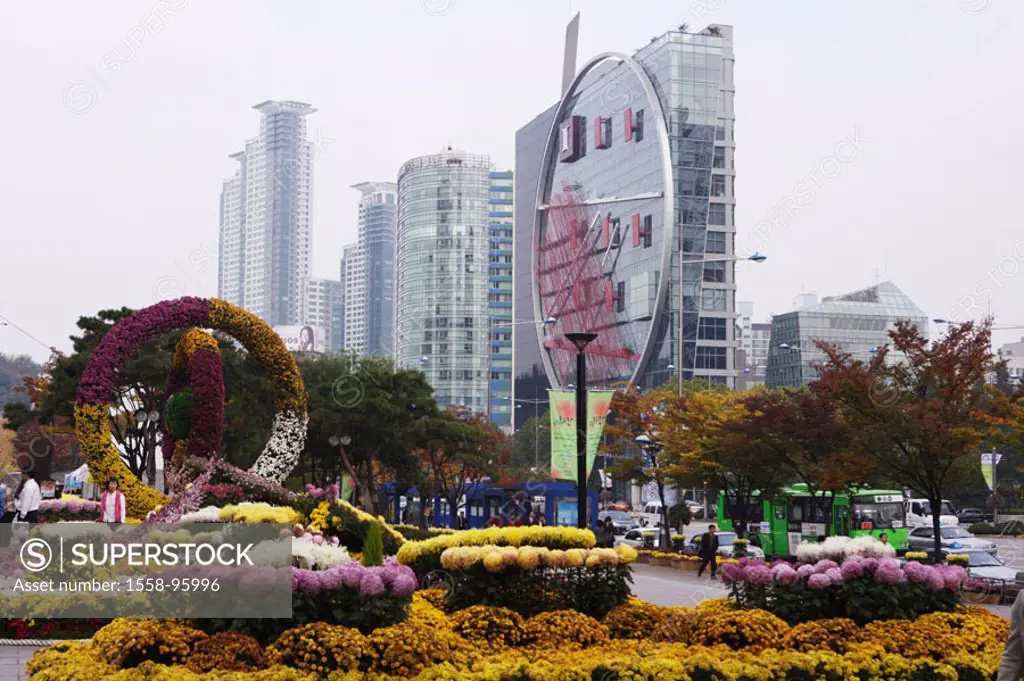 Korea, Seoul, Kangnam, skyscrapers,  Flower bed,   Asia, Eastern Asia, South Korea, city, capital, city, district, business quarter, office quarter, b...